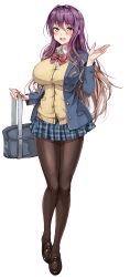 Rule 34 | 1girl, :d, absurdres, alternate costume, amagi (amagi626), bag, black leggings, blazer, blue jacket, blue skirt, blush, bow, bowtie, breasts, brown hair, brown shirt, carrying bag, full body, gradient hair, hand up, handbag, highres, hijiri byakuren, jacket, large breasts, leggings, legs, loafers, long hair, looking at viewer, miniskirt, multicolored hair, no socks, open mouth, plaid, plaid bow, plaid skirt, purple hair, red bow, red bowtie, school uniform, shirt, shoes, simple background, skirt, smile, solo, standing, sweater, sweater vest, touhou, two-tone hair, wavy hair, white background, yellow eyes