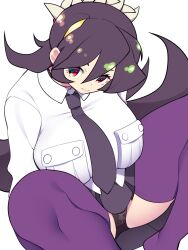 Rule 34 | 1girl, bellupup, black hair, breasts, filia (skullgirls), highres, lace, lace-trimmed panties, lace trim, large breasts, long hair, looking to the side, necktie, panties, pleated skirt, purple hair, red eyes, school uniform, sitting, skirt, skullgirls, solo, spread legs, thick thighs, thighhighs, thighs, underwear, upskirt, white background