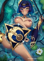 Rule 34 | 1girl, bare shoulders, blue eyes, blue hair, blush, bracer, breasts, breasts apart, brooch, candace (genshin impact), collarbone, completely nude, dark-skinned female, dark skin, diadem, egyptian, elbow gloves, expressionless, eye of horus, flower, foot out of frame, genshin impact, gloves, gold trim, hair intakes, hair ornament, hair over shoulder, hairband, headwear request, heterochromia, highres, holding, holding polearm, holding shield, holding weapon, in water, jewelry, lance, large breasts, leaf, lily pad, lotus, lotus leaf, lying, midriff, nail polish, navel, neck ring, nipples, nude, outdoors, parted lips, partially submerged, pelvic curtain, plant, polearm, purple hair, shield, short hair, sidelocks, solo, spread legs, stomach, sweat, thighlet, thighs, tree, twitter username, vegetation, water, weapon, wet, white flower, xkzan, yellow eyes