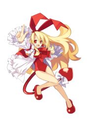 Rule 34 | 1girl, blonde hair, bow, demon tail, disgaea, dress, fallen angel, flonne, flonne (fallen angel), full body, hair bow, highres, index finger raised, legs, long hair, long sleeves, official art, open mouth, red eyes, red footwear, solo, tail, transparent background, trinity universe, tsunako