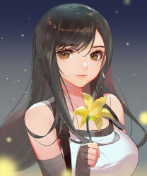 Rule 34 | 1girl, bare shoulders, black gloves, black hair, black sports bra, breasts, brown eyes, closed mouth, earrings, elbow gloves, eyelashes, final fantasy, final fantasy vii, final fantasy vii remake, fingerless gloves, flower, gloves, holding, holding flower, jewelry, large breasts, light particles, lips, long hair, looking at viewer, single earring, smile, solo, songjikyo, sports bra, swept bangs, tank top, tifa lockhart, undershirt, upper body, white tank top, yellow flower