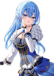 Rule 34 | 1girl, absurdres, black gloves, blue eyes, blue hair, blue pants, blue vest, breasts, cleavage, collared shirt, commentary, earrings, gloves, half gloves, half updo, head tilt, highres, hololive, hoshimachi suisei, hoshimachi suisei (stellar into the galaxy), jewelry, juliet sleeves, kag tsukimi, long hair, long sleeves, looking at viewer, official alternate costume, outstretched arm, overskirt, pants, parted lips, puffy sleeves, shirt, single glove, single half glove, small breasts, solo, vest, virtual youtuber
