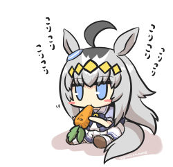 Rule 34 | 1girl, absurdres, ahoge, animal ears, blue eyes, blue shirt, blush stickers, brown footwear, carrot, chibi, colored shadow, commentary request, eating, food, full body, goma (gomasamune), grey hair, highres, holding, holding food, horse ears, horse girl, horse tail, jitome, long hair, multicolored hair, oguri cap (umamusume), pleated skirt, puffy short sleeves, puffy sleeves, school uniform, shadow, shirt, shoes, short sleeves, sitting, skirt, solo, tail, thighhighs, translation request, twitter username, two-tone hair, umamusume, very long hair, white background, white skirt, white thighhighs