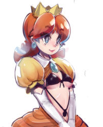 Rule 34 | 1girl, bikini, bikini top only, blue eyes, breastless clothes, breasts, bridal gauntlets, brown hair, clothes lift, crown, dress, earrings, elbow gloves, front-tie top, gloves, jewelry, long hair, mario (series), nintendo, princess daisy, puffy short sleeves, puffy sleeves, shirt lift, sho-n-d, short sleeves, small breasts, smile, solo, super mario bros. 1, super mario land, swimsuit, underboob, upper body, v arms, white gloves