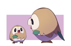 Rule 34 | animal focus, beak, bird, black eyes, commentary request, creatures (company), eye contact, game freak, gen 7 pokemon, looking at another, nintendo, no humans, open mouth, owl, pokemon, pokemon (creature), rowlet, size difference, standing, tyako 089