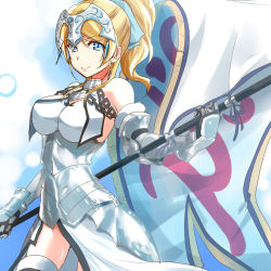 Rule 34 | 1girl, armor, armored dress, ayase eli, banner, blonde hair, blue bow, blue eyes, bow, breasts, chain, closed mouth, cosplay, cowboy shot, dress, fate/apocrypha, fate (series), faulds, fur-trimmed legwear, fur trim, gauntlets, hair between eyes, hair bow, high ponytail, holding, jeanne d&#039;arc (fate), jeanne d&#039;arc (fate) (cosplay), jeanne d&#039;arc (ruler) (fate), jeanne d&#039;arc (third ascension) (fate), long hair, looking at viewer, love live!, love live! school idol project, medium breasts, sleeveless, sleeveless dress, smile, solo, standing, thighhighs, urutsu sahari, white dress