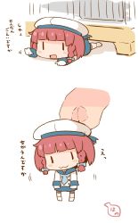 Rule 34 | 10s, 1girl, 2koma, puff of air, blue neckerchief, blue skirt, blush stickers, braid, chibi, comic, commentary request, etorofu (kancolle), gloves, hanomido, hat, highres, kantai collection, lifting person, long sleeves, lying, mini person, minigirl, neckerchief, on stomach, open mouth, red hair, sailor hat, school uniform, serafuku, short hair, simple background, skirt, translation request, twin braids, white background, | |