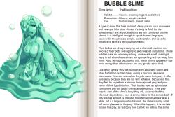 Rule 34 | 1girl, bubble, bubble slime, bubble slime (monster girl encyclopedia), character profile, english text, green theme, hard-translated, kenkou cross, monster girl, monster girl encyclopedia, official art, omitted bits, semiliquid, slime (substance), slime girl, third-party edit, translated