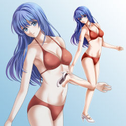 Rule 34 | 1girl, armpits, bikini, blue background, blue eyes, blue hair, caeda (fire emblem), fire emblem, fire emblem: mystery of the emblem, fire emblem heroes, from side, full body, gradient background, hair between eyes, head tilt, high heels, highres, leaning to the side, long hair, looking at viewer, navel, nintendo, outline, pegasus knight uniform (fire emblem), pumps, red bikini, shoes, unworn shoes, smile, solo, standing, standing on one leg, swimsuit, tamamon, white background