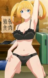 Rule 34 | 1girl, blonde hair, blue eyes, bra, breasts, cleavage, collarbone, large breasts, mia christoph, navel, panties, screencap, solo, stitched, temple (series), third-party edit, twintails, underwear