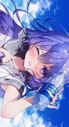 Rule 34 | 1girl, arm up, armpits, blue hair, blue sky, blush, bottle, clenched hand, cloud, cloudy sky, colored lights, commentary request, cup, grey sailor collar, highres, hisagi (puchimaple), holding, holding cup, long hair, looking at viewer, nail, one eye closed, open mouth, original, purple eyes, sailor, sailor collar, school uniform, shirt, sideways, sky, smile, solo, sweatdrop, upper body, water bottle, water drop, white shirt
