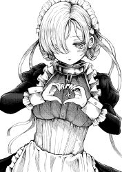 Rule 34 | 1girl, apron, azur lane, blush, closed mouth, collar, corset, crossed arms, dress, frilled apron, frills, frown, greyscale, hair over one eye, hair ribbon, haruyukiko, heart, heart hands, highres, juliet sleeves, long sleeves, maid, maid headdress, monochrome, puffy sleeves, ribbon, sheffield (azur lane), short hair, solo, upper body