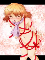 Rule 34 | 1girl, :p, blonde hair, blush, closed eyes, female focus, flat chest, harushioto, haruyonoto, mizuhashi parsee, naked ribbon, naked scarf, navel, nude, pointy ears, ribbon, scarf, solo, thigh gap, tongue, tongue out, touhou