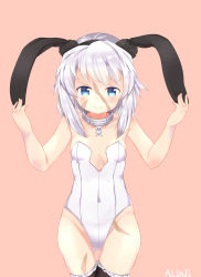 Rule 34 | 1girl, absurdres, animal ears, bare shoulders, blue eyes, blush, breasts, collar, fate/grand order, fate (series), grey hair, hairband, highres, leotard, mary read (fate), navel, pink background, scar, short hair, small breasts, thighhighs