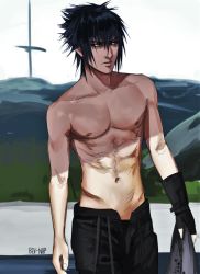 Rule 34 | 10s, 1boy, abs, black hair, final fantasy, final fantasy xv, looking away, male focus, noctis lucis caelum, outdoors, topless male, solo, undressing