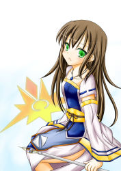 Rule 34 | 1girl, brown hair, detached sleeves, female focus, gensou suikoden, gensou suikoden i, gensou suikoden ii, gensou suikoden iii, gensou suikoden iv, gensou suikoden v, gradient background, green eyes, jewelry, long hair, necklace, robe, solo, staff, t (dyuhuhudyukusi), viki