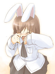 Rule 34 | 1girl, animal ears, ascot, brown hair, closed eyes, crying, dress shirt, jirou (chekoro), long sleeves, open mouth, rabbit ears, shirt, simple background, skirt, sleeves past wrists, solo, tears, white shirt, wiping tears