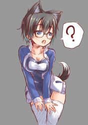 Rule 34 | 1girl, ?, animal ears, blue eyes, blush, breasts, cowboy shot, glasses, highres, leaning forward, medium breasts, open mouth, short hair, simple background, solo, spirytus tarou, spoken question mark, tail, thighhighs, white thighhighs