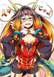 Rule 34 | &gt;:o, 1girl, black shorts, blush, breasts, brown hair, cleavage, dragon tail, fang, glasses, gold trim, gradient hair, hair ribbon, hands on own hips, highres, long hair, long sleeves, looking at viewer, multicolored hair, ogami kazuki, orange eyes, ribbon, sennen sensou aigis, shorts, simple background, small breasts, standing, tail, v-shaped eyebrows, very long hair