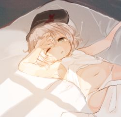 Rule 34 | 1girl, ;o, blue eyes, groin, hand on own head, light, lying, navel, okayu (headless), on back, one eye closed, panties, sanya v. litvyak, short hair, silver hair, solo, strike witches, underwear, waking up, white panties, world witches series