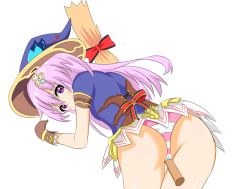 Rule 34 | 1girl, ass, blush, broom, crawford (semochan), hat, leaning, leaning forward, long hair, looking at viewer, nepgear, neptune (series), panties, purple eyes, purple hair, shiny skin, simple background, skirt, solo, striped clothes, striped panties, underwear, white background, witch hat