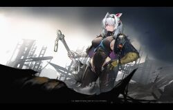 Rule 34 | 1girl, animal ears, arknights, armor, artist name, bandaged arm, bandages, black hairband, black jacket, black leotard, black thighhighs, breasts, closed mouth, commentary, construction site, copyright name, covered navel, dated, expressionless, feet out of frame, gloves, grey hair, hair between eyes, hair over one eye, hairband, hand on own hip, highleg, highleg leotard, highres, holding, holding sword, holding weapon, jacket, jia redian ruzi ruzi, large breasts, leotard, letterboxed, looking at viewer, medium hair, mole, mole under mouth, mouse ears, mouse girl, official alternate costume, open clothes, open jacket, orange eyes, scavenger (arknights), scavenger (survive) (arknights), sideboob, single glove, solo, spiked armor, standing, sword, thighhighs, weapon, wrist wrap, yellow gloves