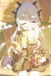 Rule 34 | 1girl, absurdres, applepie (12711019), blue archive, blush, closed eyes, day, food, highres, hina (blue archive), holding, holding food, horns, jacket, long hair, long sleeves, low wings, outdoors, scarf, sitting, skirt, smile, snow, solo, steam, sweet potato, teeth, white hair, wings