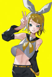 Rule 34 | 1girl, aqua eyes, bare shoulders, belt, belt buckle, black shorts, black sleeves, blonde hair, bow, buckle, commentary, detached sleeves, flat chest, grin, hair bow, hair ornament, hairclip, headphones, headset, highres, kagamine rin, looking at viewer, narrow waist, navel, neckerchief, number tattoo, riu lico, short hair, shorts, shoulder tattoo, skinny, smile, solo, tattoo, tsurime, v, v over head, vocaloid, white bow, yellow background, yellow belt, yellow nails, yellow neckerchief