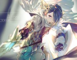 Rule 34 | 1boy, alfonse (fire emblem), armor, blonde hair, blue eyes, cape, character name, copyright name, fire emblem, fire emblem heroes, gloves, holding, holding weapon, incoming attack, looking at viewer, male focus, miyuki ruria, nintendo, scale armor, shield, sword, twitter username, weapon