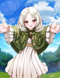 Rule 34 | 1girl, ahoge, blue sky, capelet, cloud, commission, day, dress, elf, green capelet, highres, medium hair, mushoku tensei, outstretched arms, pixiv commission, pointy ears, red eyes, sky, solo, sylphiette (mushoku tensei), tree, white dress, white hair, younicherry