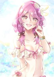 Rule 34 | 1girl, :d, bikini, black bow, bow, bracelet, brown eyes, cheria barnes, collarbone, fingernails, hair bow, hairband, highres, jewelry, looking at viewer, mihayuuno, nail polish, neck, open mouth, pink hair, red nails, short hair, smile, solo, swimsuit, tales of (series), tales of graces, twintails, upper body, white bikini, white bow, white hairband