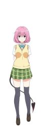 Rule 34 | 10s, 1girl, demon tail, looking at viewer, momo velia deviluke, pink eyes, pink hair, school uniform, short hair, simple background, solo, tail, to love-ru, to love-ru darkness, to love-ru darkness: idol revolution, white background
