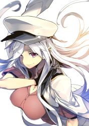 Rule 34 | 10s, 1girl, breasts, commentary request, from above, gangut (kancolle), gloves, hand on own shoulder, hat, hidori (hibi toridori), kantai collection, large breasts, long hair, looking at viewer, military hat, peaked cap, purple eyes, short sleeves, silver hair, smile, solo, upper body, white background