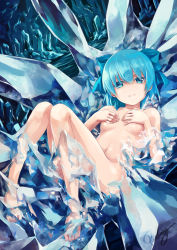 Rule 34 | 1girl, barefoot, blue eyes, blue hair, bow, breasts, cirno, covering privates, covering breasts, hair bow, highres, ice, lying, matching hair/eyes, navel, nude, on back, re lucy, short hair, small breasts, smile, solo, touhou, wings