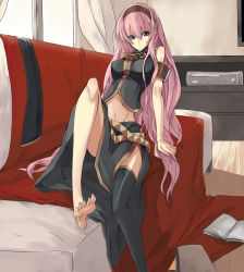 Rule 34 | 1girl, angry, barefoot, couch, feet, female focus, furious, game console, long hair, megurine luka, midriff, navel, rage (rojiura), solo, thighhighs, very long hair, vocaloid, xbox 360