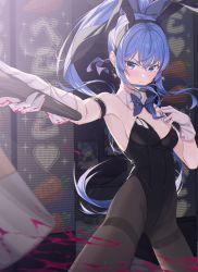 Rule 34 | 1girl, absurdres, animal ears, axe, black leotard, blood, blue bow, blue bowtie, blue eyes, blue hair, blush, bow, bowtie, breasts, detached collar, fake animal ears, gloves, highres, holding, holding axe, hololive, hoshimachi suisei, leotard, outstretched arm, pantyhose, parted lips, partially fingerless gloves, playboy bunny, rabbit ears, small breasts, solo, thighband pantyhose, virtual youtuber, white gloves, yozora (1wkdgusdn)