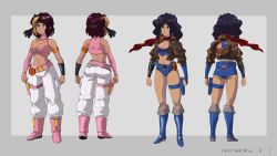 Rule 34 | 1980s (style), 2girls, absurdres, arina (game grumps), ass, baggy pants, boots, breasts, character profile, character sheet, cleavage, commentary, concept art, curly hair, danielle (game grumps), david liu, detached sleeves, english commentary, flat ass, full body, game grumps, headband, highres, holster, jacket, large breasts, leather, leather jacket, long hair, medium breasts, multicolored hair, multiple girls, multiple views, oldschool, pants, pink sleeves, red scarf, retro artstyle, scarf, short shorts, shorts, streaked hair, thigh holster, thigh strap, turnaround