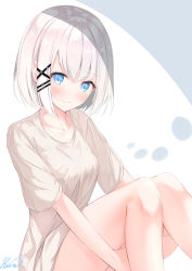 Rule 34 | 1girl, absurdres, bare legs, blue eyes, blush, breasts, character request, commentary request, dress shirt, emimeku, hair ornament, highres, knees together feet apart, looking at viewer, medium breasts, medium hair, shirt, siesta (tantei wa mou shindeiru), signature, smile, solo, split mouth, tantei wa mou shindeiru, white background, white hair, white shirt, x hair ornament