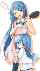 Rule 34 | 10s, 2girls, aged down, aged up, apron, bare shoulders, blue eyes, blue hair, egg, egg (food), food, fried egg, frying pan, heart, height difference, highres, holding, if they mated, kantai collection, long hair, looking back, mother and daughter, multiple girls, multiple views, one eye closed, open mouth, plate, sailor collar, saku (kudrove), samidare (kancolle), short sleeves, simple background, skirt, smile, standing, thighhighs, very long hair, white background