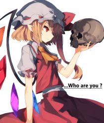 Rule 34 | ..., 1girl, ?, arm at side, ascot, bad id, bad pixiv id, blonde hair, bow, closed mouth, collared shirt, crystal, english text, eyebrows, flandre scarlet, frilled sleeves, frills, from side, frown, hat, hat bow, hat ribbon, highres, holding, one side up, pointy ears, profile, puffy short sleeves, puffy sleeves, red eyes, red ribbon, red vest, ribbon, shirt, short sleeves, simple background, skirt, skirt set, skull, solo, suminagashi, touhou, upper body, vest, white background, white shirt, wings