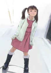 Rule 34 | 1girl, :&lt;, black eyes, black hair, black socks, blush, boots, brown eyes, brown hair, cardigan, child, collar, dress, flower, frilled socks, frills, head tilt, long hair, long sleeves, looking at viewer, matching hair/eyes, open clothes, outdoors, parted lips, pink dress, short hair, skirt, socks, solo, squinting, standing, swept bangs, twintails, unbuttoned, white socks