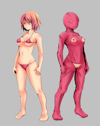 Rule 34 | 1girl, ao usagi, barefoot, bikini, blush, body blush, bodysuit, breasts, breasts out, brown hair, cleft of venus, commentary, covered erect nipples, crotchless, dual persona, green eyes, grey background, mask, medium breasts, mirror opposites, navel, nippleless clothes, nipples, original, polar opposites, pussy, reverse bikini, reverse outfit, reverse swimsuit, short hair, siblings, simple background, sisters, standing, swimsuit, uncensored, underboob, zentai