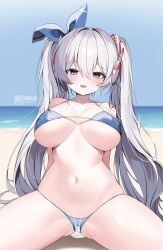 Rule 34 | 1girl, absurdres, arm support, bare shoulders, beach, bikini, blue bikini, blue ribbon, blush, breasts, character request, chimyo, collarbone, commentary request, grey eyes, hair between eyes, hair ribbon, highres, horizon, korean commentary, large breasts, long hair, looking at viewer, maplestory, navel, ocean, open mouth, ribbon, sitting, smile, solo, spread legs, stomach, string bikini, suggestive fluid, sweat, swimsuit, twintails, twitter username, white hair