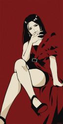 Rule 34 | 1girl, akechi (826988799), animification, black dress, black footwear, black nails, blending, chinese commentary, crossed legs, dress, earrings, exy (wjsn), high heels, highres, jacket, jewelry, k-pop, long hair, nail polish, real life, red background, red jacket, sitting, solo, strapless, strapless dress, tube dress, wjsn