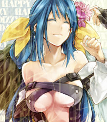 Rule 34 | 1girl, arc system works, asymmetrical wings, bad id, bad pixiv id, bare shoulders, blue hair, bow, breasts, center opening, detached sleeves, dizzy (guilty gear), closed eyes, flower, guilty gear, guilty gear x, guilty gear xx, hair bow, hair flower, hair ornament, happy, ky kiske, large breasts, long hair, maka (morphine), ribbon, smile, underboob, wings