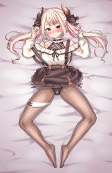 Rule 34 | 1girl, absurdres, akkgsyk, blush, breasts, choker, clothes lift, grey hair, highres, horns, long hair, long sleeves, looking at viewer, lying, multicolored hair, nail polish, naraka (nijisanji), nijisanji, on back, on bed, oni, oni horns, panties, pantyhose, parted bangs, pink hair, pointy ears, red eyes, ribbon, side-tie panties, skirt, skirt lift, small breasts, solo, spread legs, sweat, twintails, two-tone hair, underwear, virtual youtuber