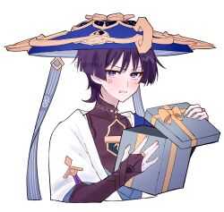 Rule 34 | 1boy, anger vein, armor, black shirt, blue hair, blue hat, blue ribbon, blue vest, blunt ends, blush, box, dark blue hair, eyeshadow, genshin impact, gift, gift box, hat, highres, holding, holding gift, japanese armor, jewelry, jingasa, kote, kurokote, looking at viewer, makeup, male focus, mandarin collar, necklace, oomisou, open clothes, open gift, open vest, parted bangs, red eyeshadow, ribbon, ring, scaramouche (genshin impact), shirt, short hair, short sleeves, solo, two-tone vest, vest, wanderer (genshin impact), white background, white vest, yellow ribbon
