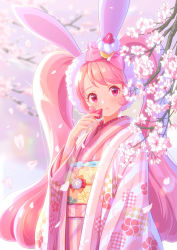 Rule 34 | 1girl, alternate costume, animal ears, bow, cake hair ornament, camembert chizuko, cherry blossoms, closed mouth, cowboy shot, cure whip, cure whip (a la mode style), earmuffs, expressionless, floral print, food, food-themed hair ornament, fruit, hair bow, hair ornament, holding, holding food, holding fruit, japanese clothes, kimono, kirakira precure a la mode, long hair, looking at viewer, obi, pink bow, pink eyes, pink hair, pink kimono, pink theme, precure, rabbit ears, sash, solo, strawberry, twintails, usami ichika, yukata