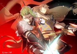 Rule 34 | 2boys, achilles (fate), armor, bow (weapon), brown hair, chiron (fate), drawing bow, fate/apocrypha, fate (series), floating hair, glowing, glowing weapon, green eyes, green hair, holding, holding bow (weapon), holding weapon, long hair, low-tied long hair, male focus, manly, multiple boys, no-kan, polearm, scarf, spear, weapon, yellow eyes