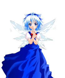 Rule 34 | 1girl, blue dress, blue eyes, blue hair, blush, bow, cirno, dress, embodiment of scarlet devil, female focus, hair ribbon, matching hair/eyes, puffy sleeves, ribbon, short hair, simple background, solo, touhou, white background, wings